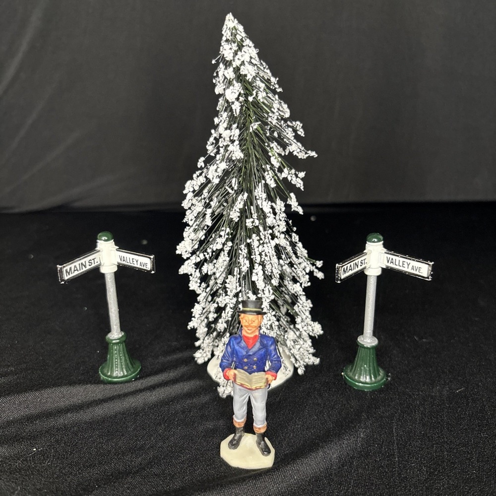 Vintage Lemax Christmas Village Accessory Lot Of 4,‎ Street Signs, Tree, Caroler